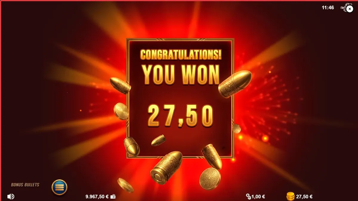 Interface do jogo Bonus Bullets em um dispositivo móvel mostrando o revólver dourado e os rolos.